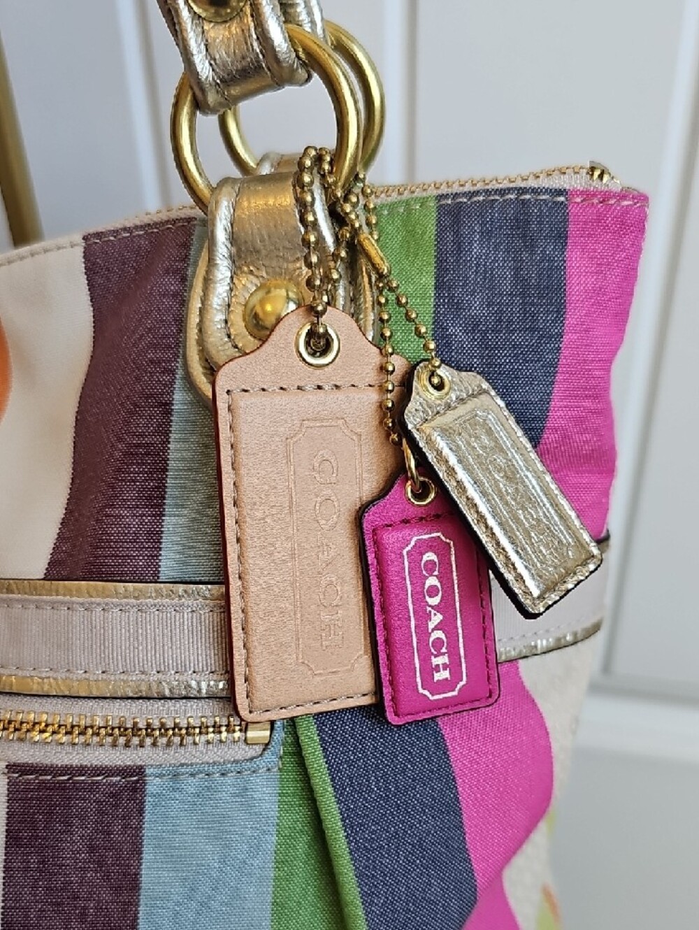 ​Coach 2011 Poppy Sequin Legacy Stripe Glam Tote - Chartreuse Interior - EUC - Picture 4 of 13